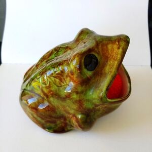 Vtg 1970s Ceramic Frog Kitchen Scrubber Sponge Holder Hand Painted Green Glazed
